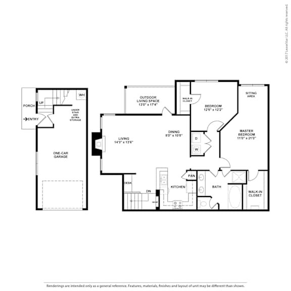 A floor plan of a house with a garage, living room, dining room, kitchen, and two bedrooms.