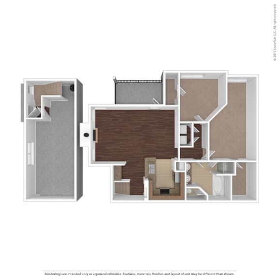 A floor plan of a house with a kitchen, living room, and two bedrooms.