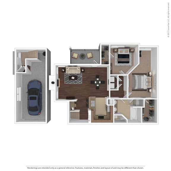 A floor plan of a house with a garage and a car.