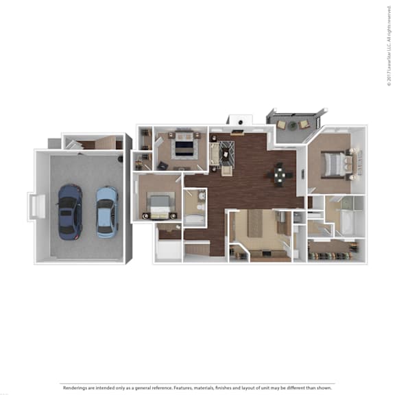 A floor plan of an apartment with two bedrooms, a living room, a kitchen, and a garage.