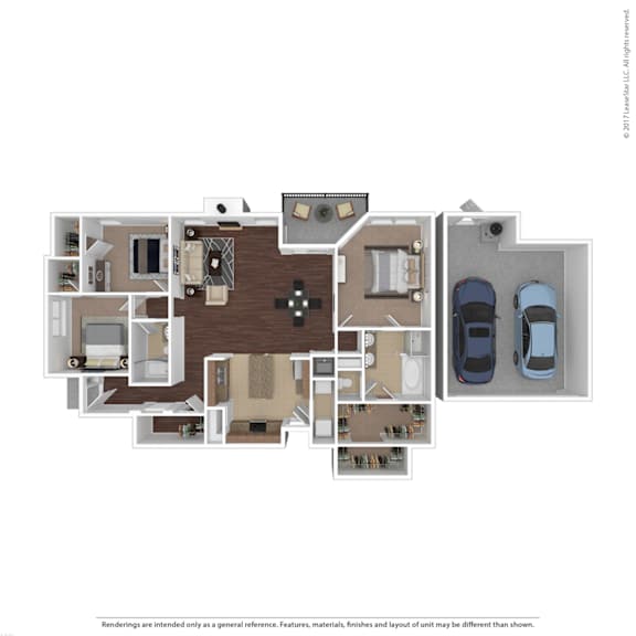 A floor plan of a house with a kitchen, living room, bedrooms and bathrooms.