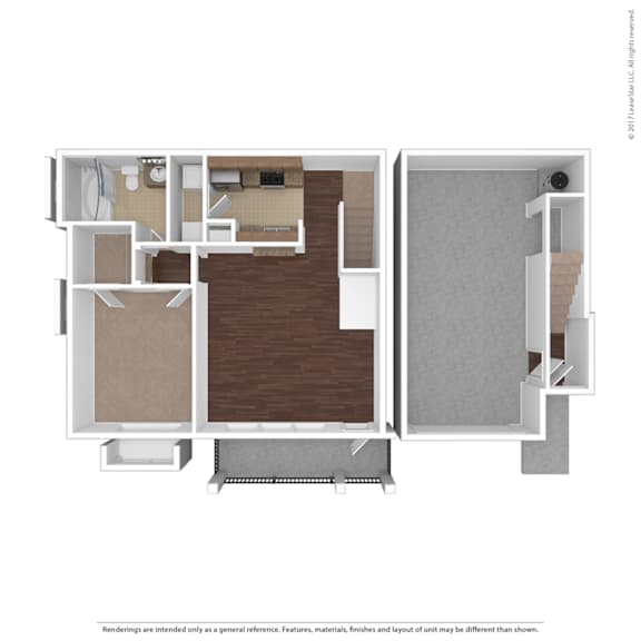 A 3D floor plan of a house with a staircase on the right side.