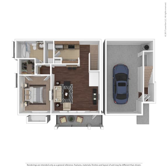 A top down view of a house with a car parked in the garage.