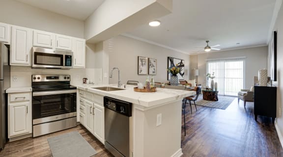 Open kitchen and living room  at Highland Luxury Living, Lewisville