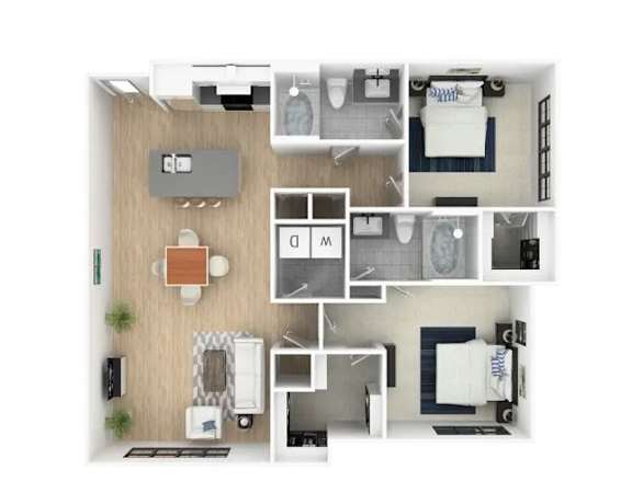 A floor plan of a house with a kitchen, living room, dining room, and bathrooms.