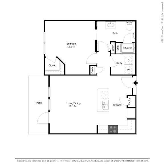 1 Bed 1 Bath Floorplan at Vine + Vail Townhomes and Apartments, Grapevine, TX