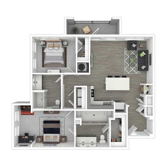 A 3D floor plan of a small apartment with a kitchen, living room, and bedroom.