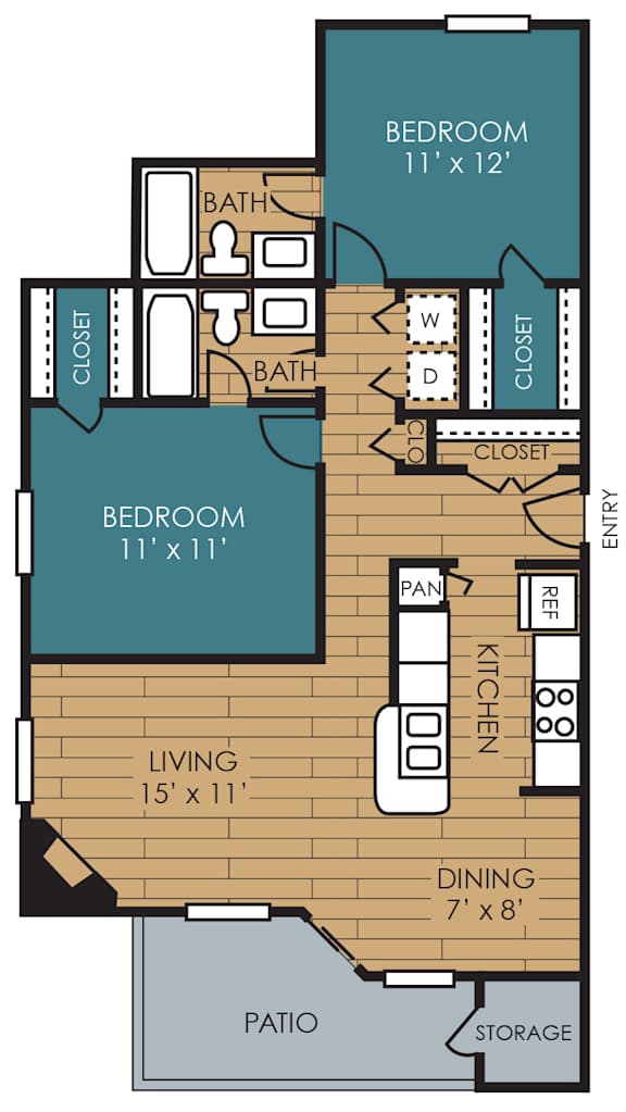 A floor plan of a small apartment with two bedrooms, a living room, a kitchen, a dining room, a pantry, a bathroom, a patio, and storage.