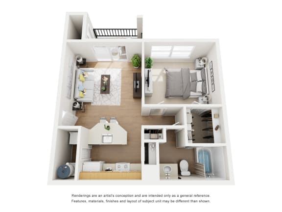 3D floor plan of one bedroom apartment layout at Carmel Creekside Apartments, Fort Worth, TX 76137