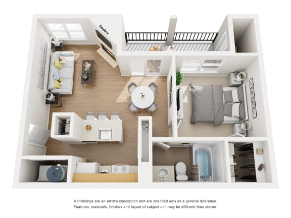 3D floor plan of one bedroom apartment1 at Carmel Creekside Apartments, Fort Worth, 76137