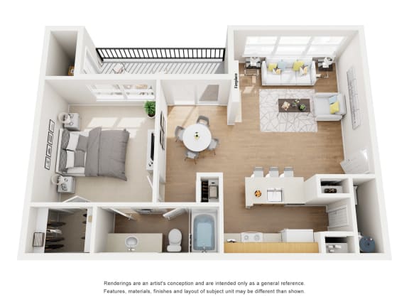 One bedroom apartment 3D floorplan rendering at Carmel Creekside Apartments, Fort Worth