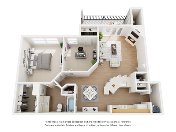 3D floor plan of one bedroom apartment at Carmel Creekside Apartments, Texas, 76137