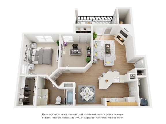 3D floor plan of one bedroom one bathroom layout at Carmel Creekside Apartments, Fort Worth, TX 76137