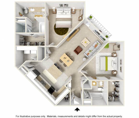 A 3D floor plan of a house with a kitchen, living room, and bathroom.