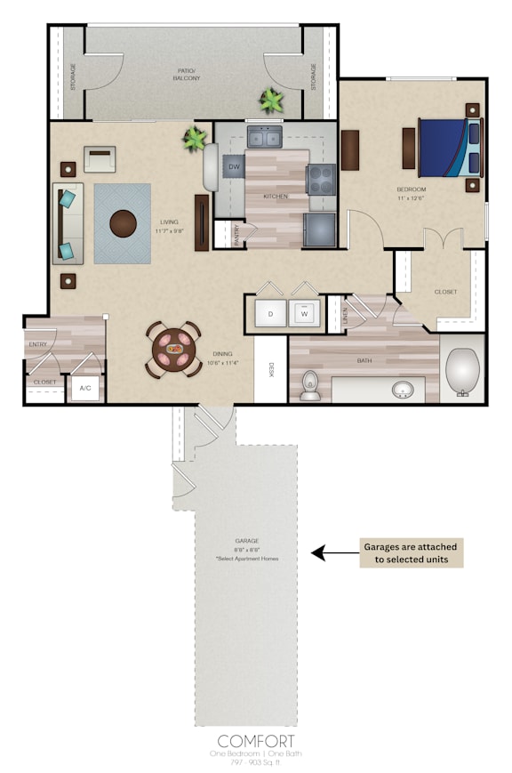 A floor plan of a Comfort apartment with a kitchen, living room, and bedrooms.