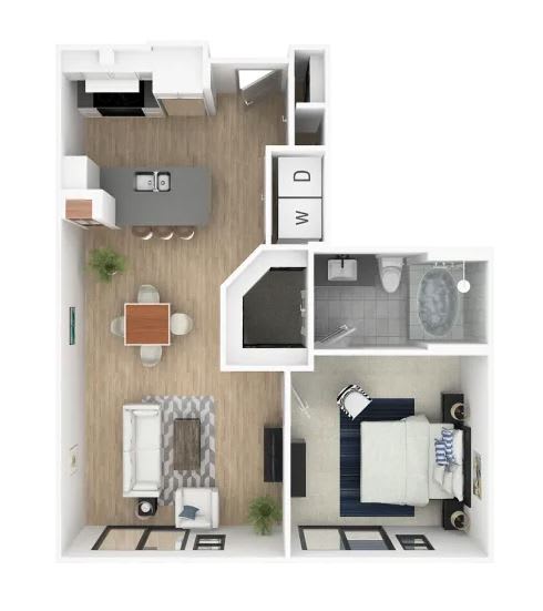 Floor Plan  1 bed 1 bath  floor plan of a small apartment with a kitchen, living room, and bathroom.