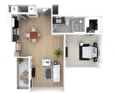 Floor Plan  1 bed 1 bath  floor plan of a small apartment with a kitchen, living room, and bathroom.