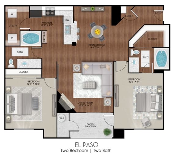 Floor Plan  Apartment layout of 1175 sq ft two bedroom El Paso floor plan at Limestone Ranch Apartments in Lewisville, TX