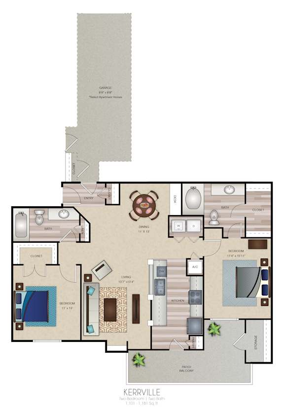 A floor plan of a house with a kitchen, living room, and bathrooms.