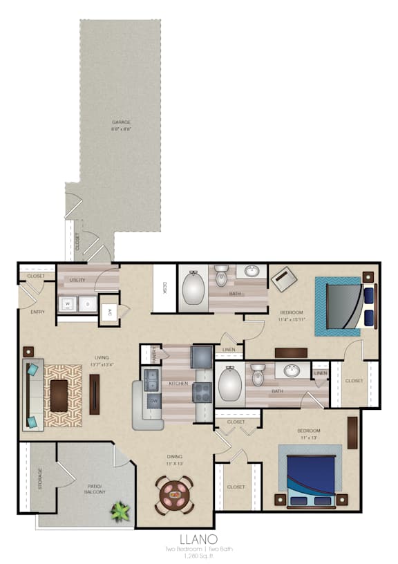 A floor plan of a two bedroom, two bathroom apartment.