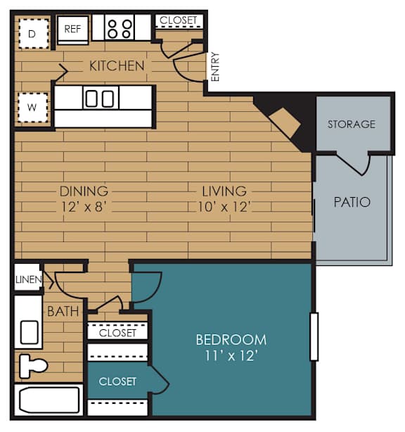 A floor plan of a house with a kitchen, dining room, living room, bedroom, bathroom, and storage area.
