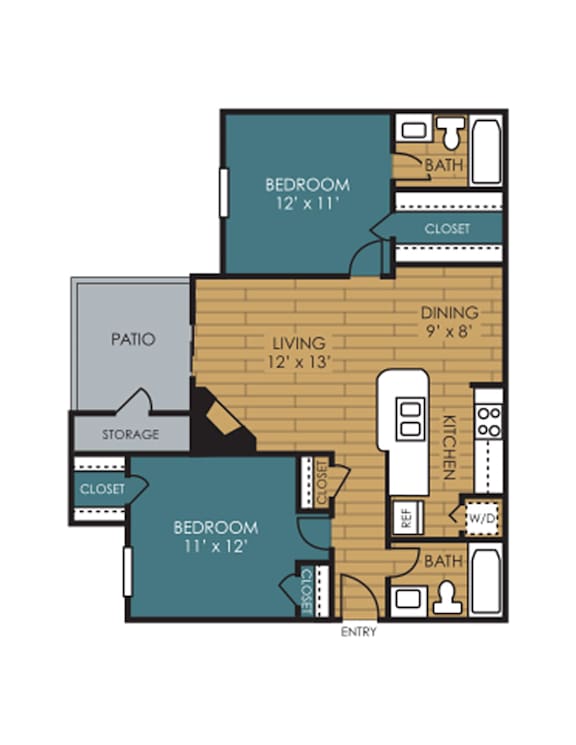 A floor plan of a small apartment with two bedrooms, a living room, a dining room, a kitchen, a bathroom, a pantry, and a storage area.