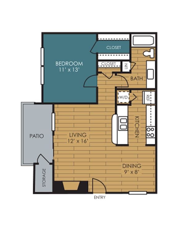 A floor plan of a small apartment with a bedroom, living room, kitchen, and bathroom.