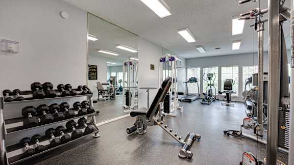 Gym with Dumbbells at Hunters Hill Apartments, Dallas, TX
