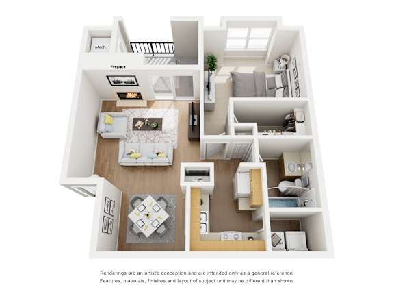 A floor plan of a house with a kitchen, living room, and two bedrooms.