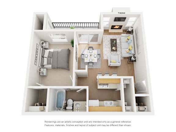A floor plan of a small apartment with a living room, kitchen, and bathroom.