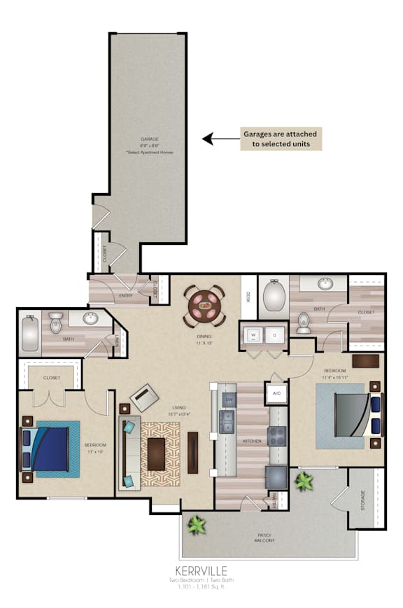 A floor plan of a home with a kitchen, living room, and two bedrooms.