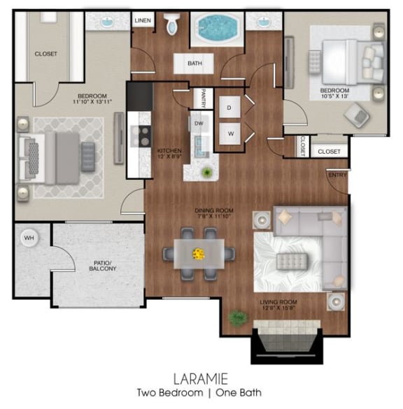 Apartment layout of 975 sq ft two bedroom Laramie floor plan at Limestone Ranch Apartments in Lewisville, TX