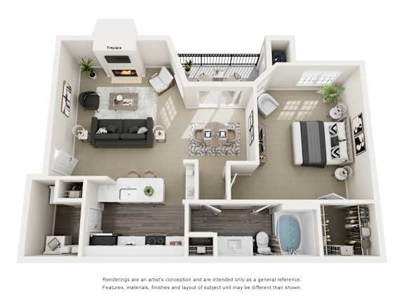 A floor plan of a modern apartment with a living room, kitchen, and bathroom.