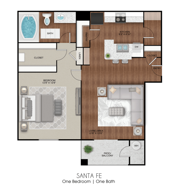 Apartment layout of 625 sq ft one bedroom Santa Fe floor plan at Limestone Ranch Apartments in Lewisville, TX