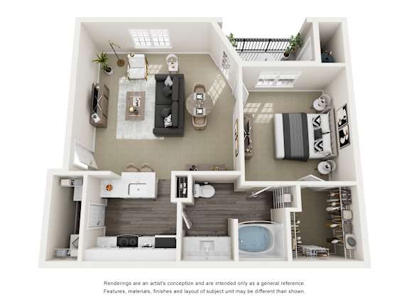 A 3D rendered image of a modern apartment layout.