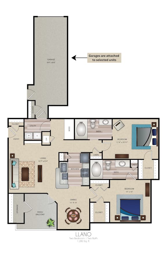 A floor plan of a two bedroom apartment with a garage.