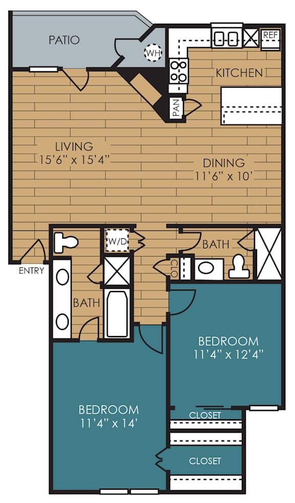 A floor plan of a house with a living room, two bedrooms, a bathroom, a kitchen, and a patio.