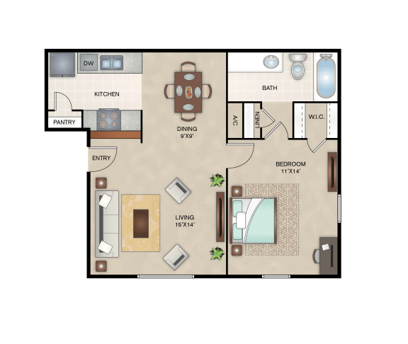 Floor Plan  1 bed 1 bath at Arbors Of Cleburne Apartments, Cleburne, TX