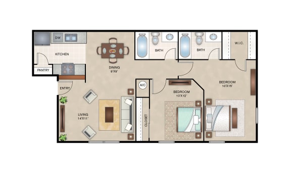 Two bedroom two bath floor plan with closets at Arbors Of Cleburne Apartments, Texas, 76033