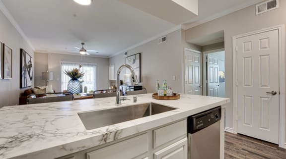 Open kitchen with a large counter top and a sink at Highland Luxury Living, Lewisville, Texas