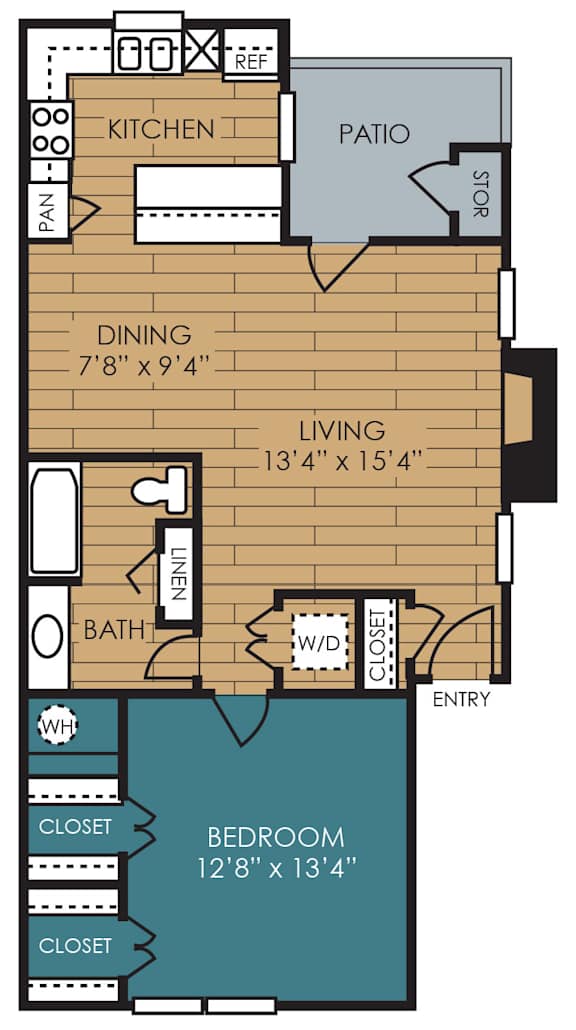 A floor plan of a small apartment with a bedroom, living room, kitchen, and bathroom.