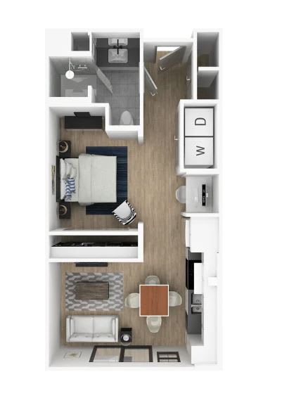 A top down view of a small apartment with a bedroom, living room, and kitchen.