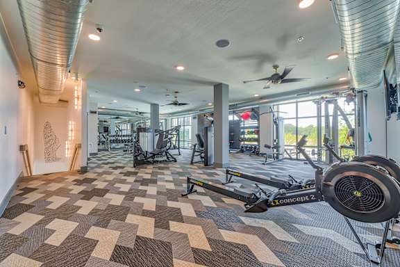 A room with a treadmill and a fan.