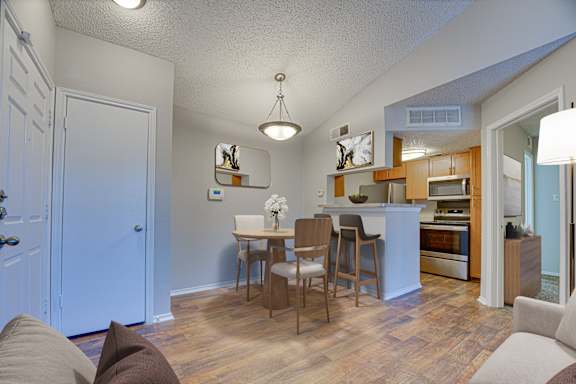 Wooden floor in living room at Timberglen Apartments, Dallas Texas
