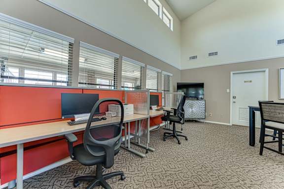 Business office with workstations and high ceilings at Towne Centre Village Apartments, Mesquite, TX