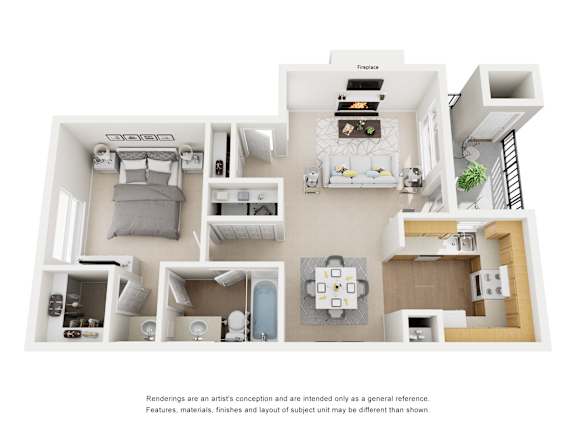 A floor plan of a two-bedroom apartment with a living room, kitchen, and bathroom.