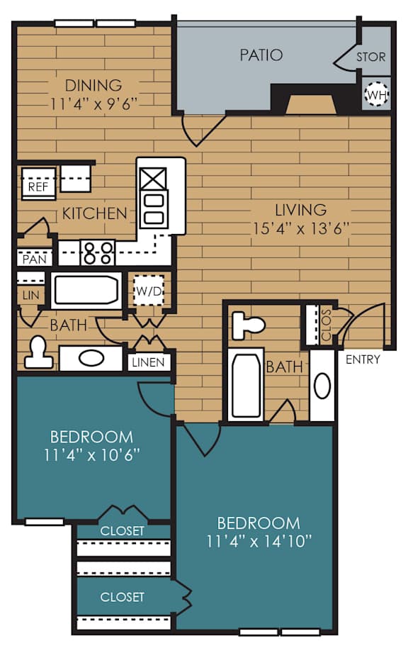 A floor plan of a small apartment with two bedrooms, a living room, kitchen, and bathroom.