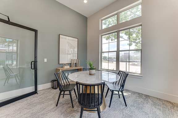 modern dining room with a glass door at Vine + Vail Townhomes and Apartments, Grapevine, TX