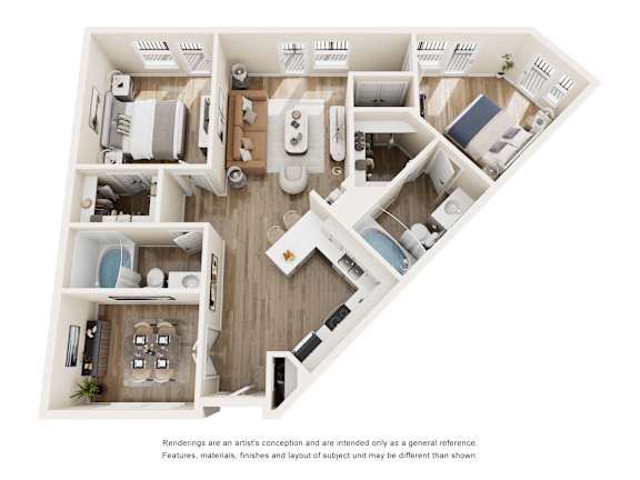 Two bedroom floor plan with open layout at The Montrose Apartments, Dallas