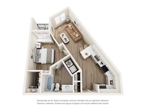 One bedroom floor plan with open living area at The Montrose Apartments, Texas, 75204